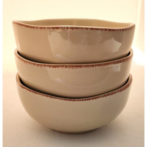 BOWLS-PIER 1-Vintage-Beige-Brown Edges-Essential Collection-Noodle/Soup-Set of 3 - Picture 1 of 11